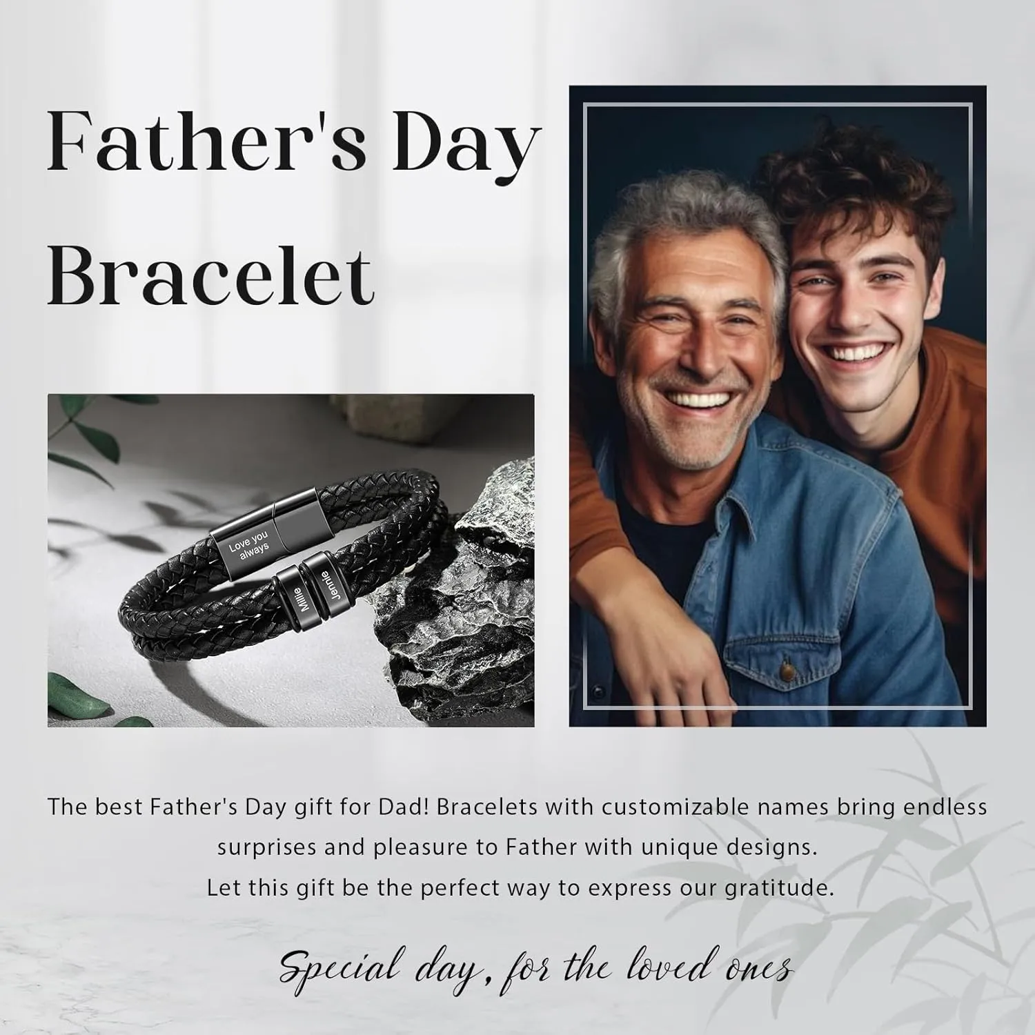 Personalized Bracelets for Men with 2-6 Names Custom Engraved Name Braided Leather Bracelet for Dad Boyfriend Grandpa Anniversary Birthday Christmas Gifts