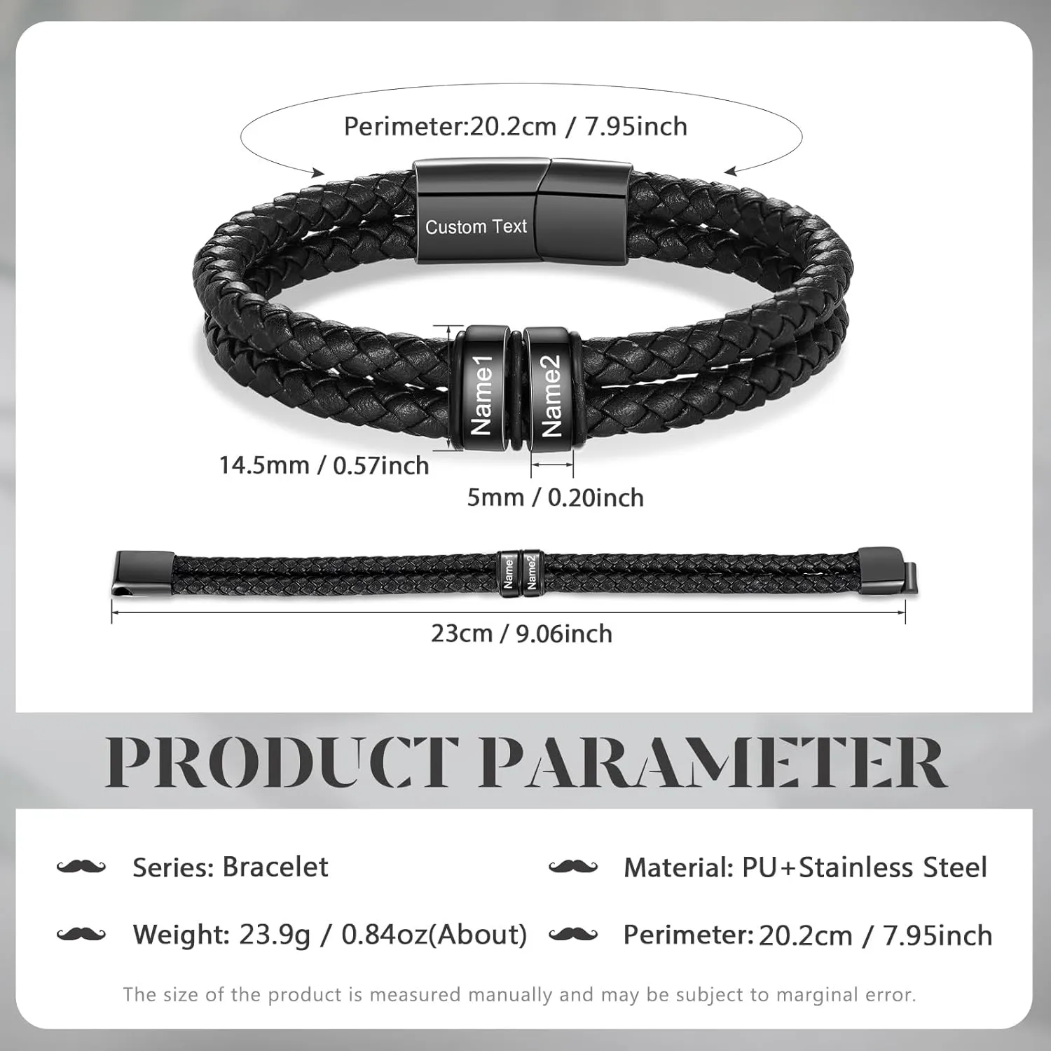 Personalized Bracelets for Men with 2-6 Names Custom Engraved Name Braided Leather Bracelet for Dad Boyfriend Grandpa Anniversary Birthday Christmas Gifts