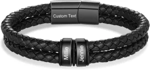 Personalized Bracelets for Men with 2-6 Names Custom Engraved Name Braided Leather Bracelet for Dad Boyfriend Grandpa Anniversary Birthday Christmas Gifts