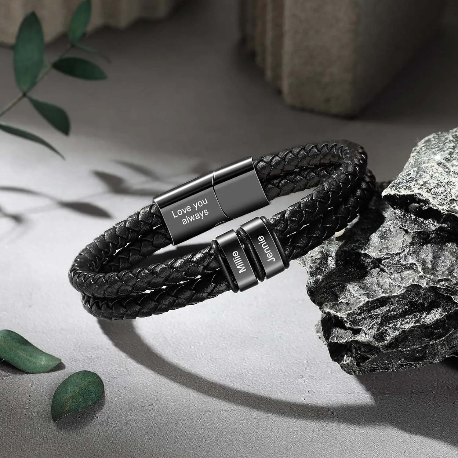 Personalized Bracelets for Men with 2-6 Names Custom Engraved Name Braided Leather Bracelet for Dad Boyfriend Grandpa Anniversary Birthday Christmas Gifts