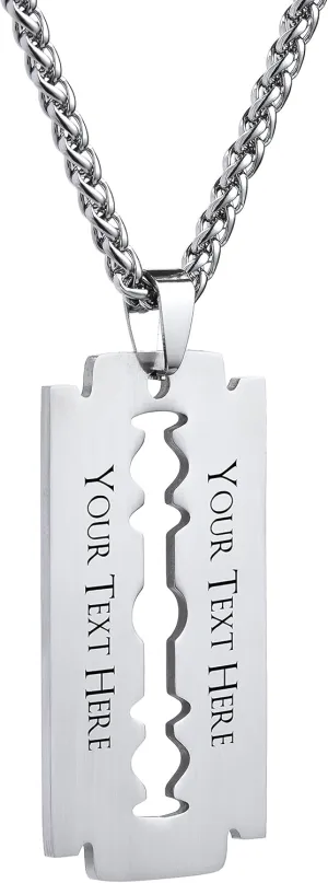Personalized Custom Engraved Stainless Steel Razor Blade Pendant Plate Necklace
