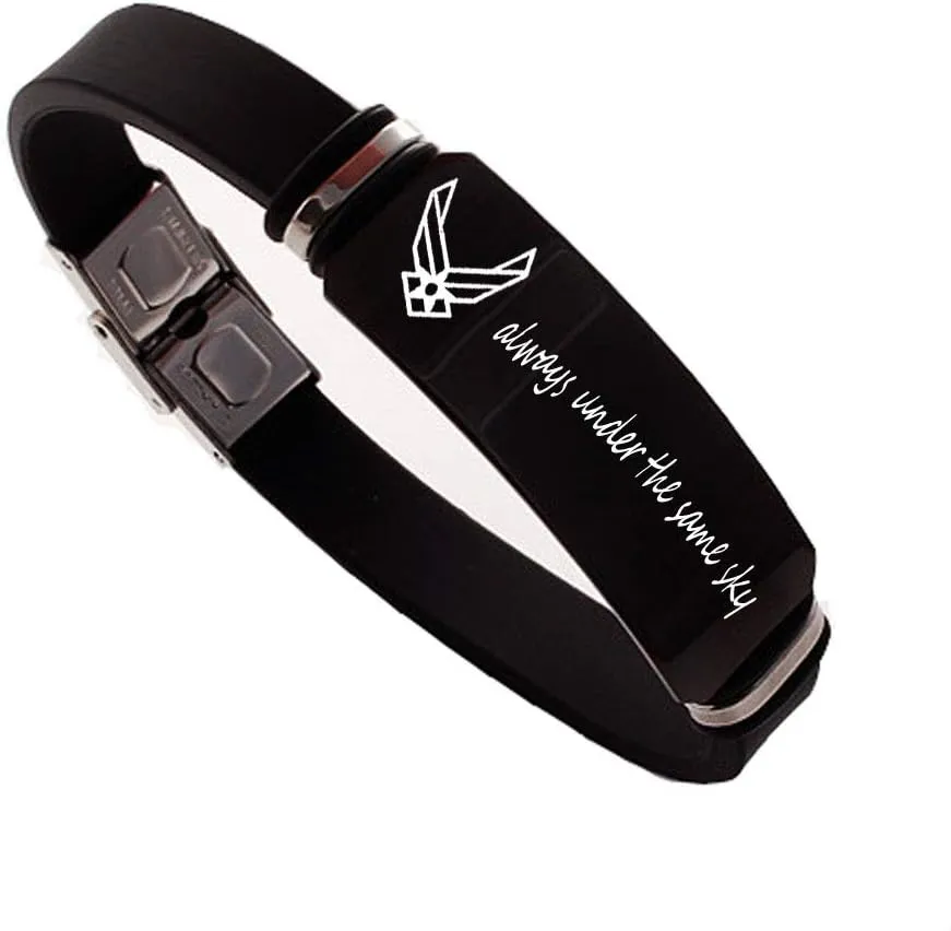 Personalized Military Jewelry Stainless Steel and Rubber Bracelets Engraved Army Sign Deployment Gift Black