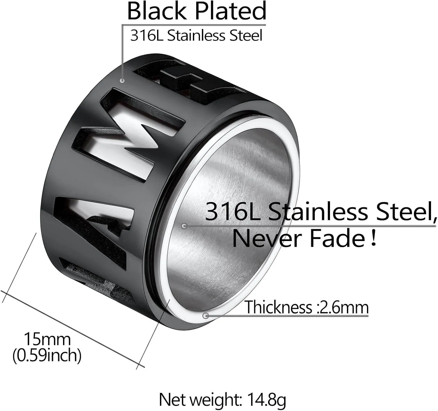 Personalized Name Ring 9mm/15mm Custom Name Plate Ring Engrave Any Names/Fidget Spinner Ring for Women Men Stainless Steel Jewelry(with Gift Box)