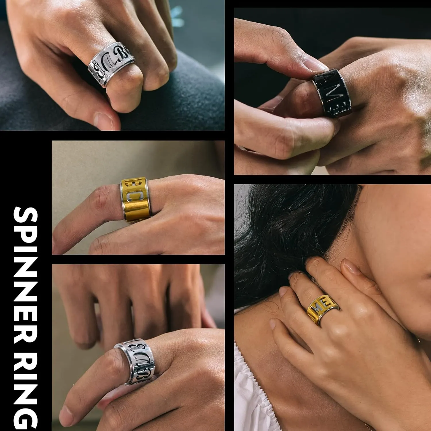 Personalized Name Ring 9mm/15mm Custom Name Plate Ring Engrave Any Names/Fidget Spinner Ring for Women Men Stainless Steel Jewelry(with Gift Box)