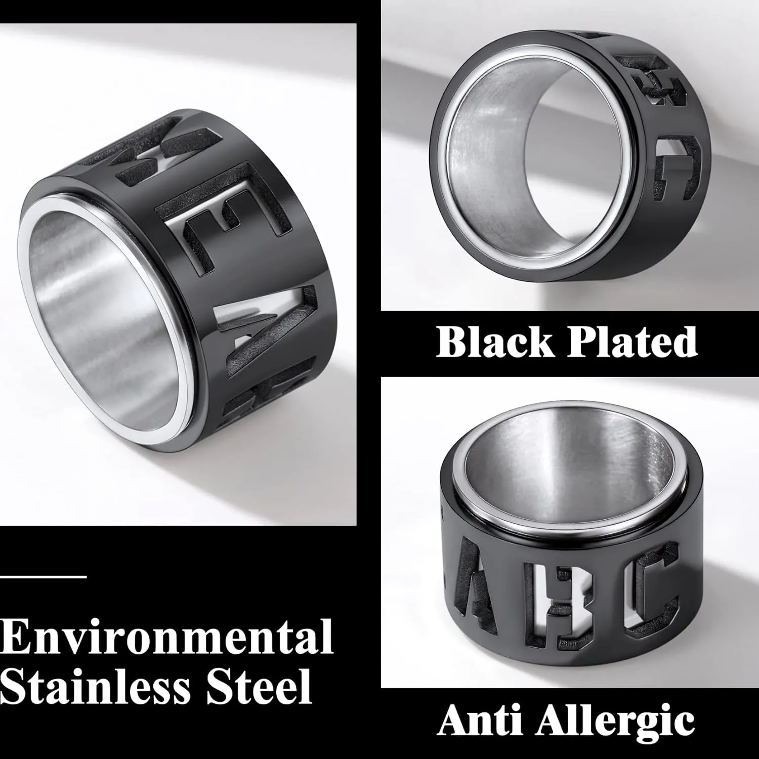 Personalized Name Ring 9mm/15mm Custom Name Plate Ring Engrave Any Names/Fidget Spinner Ring for Women Men Stainless Steel Jewelry(with Gift Box)