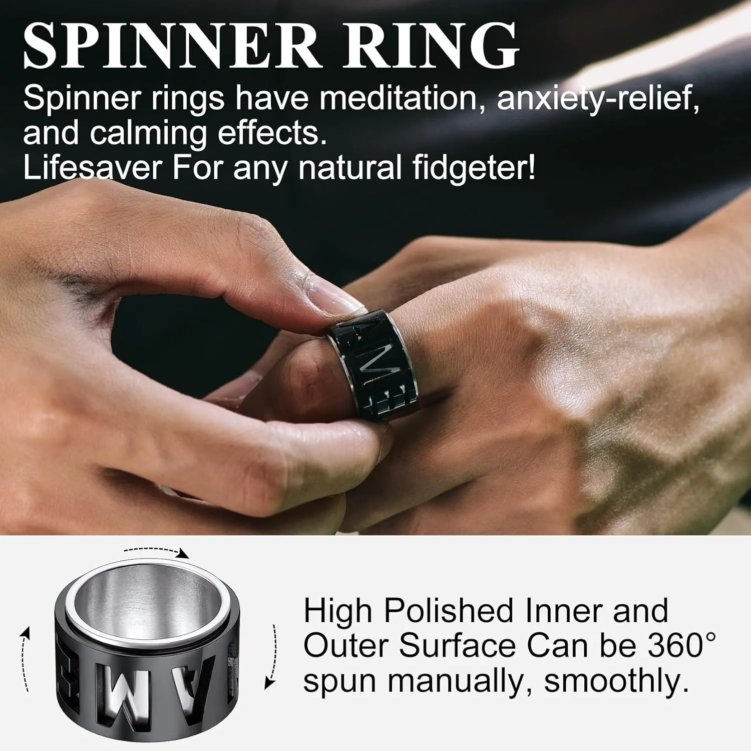Personalized Name Ring 9mm/15mm Custom Name Plate Ring Engrave Any Names/Fidget Spinner Ring for Women Men Stainless Steel Jewelry(with Gift Box)