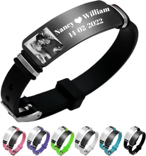 Personalized Photo Bracelet for Men Women Custom Silicone ID Bracelets Engraved Picture Name Bracelet Customized Gift for Boyfriend Wristband Valentines Fathers Mothers Day