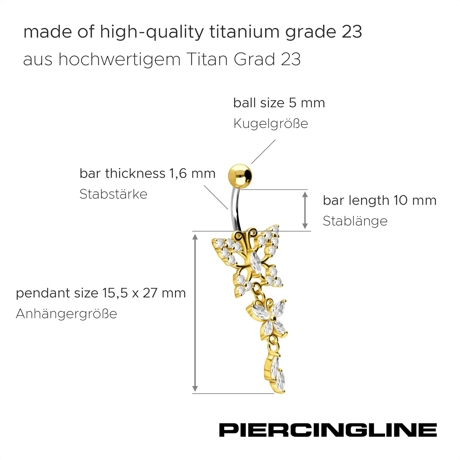 PIERCINGLINE 14 g belly button ring titanium with 925 Silver Butterfly Design - Titanium belly button rings in gold, silver & rosegold