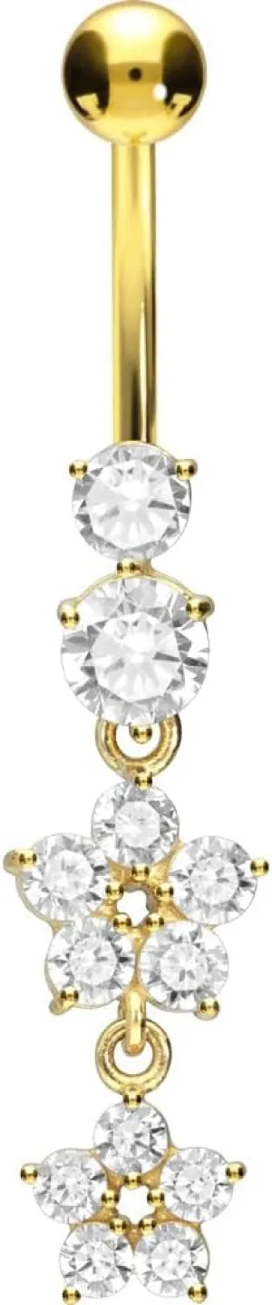 PIERCINGLINE surgical steel dangle belly button piercing with 2 crystal flowers - belly button ring surgical steel, gold, silver, rosegold piercing