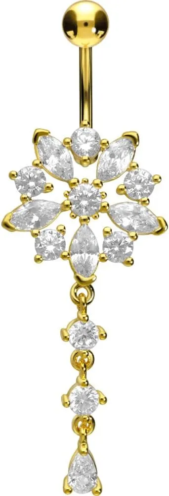 PIERCINGLINE surgical steel dangle belly button piercing with flower - belly button ring surgical steel, gold, silver, rosegold piercing - new version with improved durability