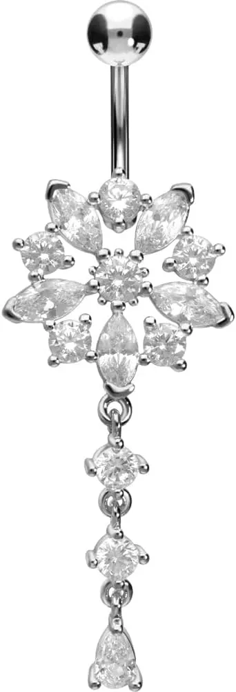 PIERCINGLINE surgical steel dangle belly button piercing with flower - belly button ring surgical steel, gold, silver, rosegold piercing - new version with improved durability