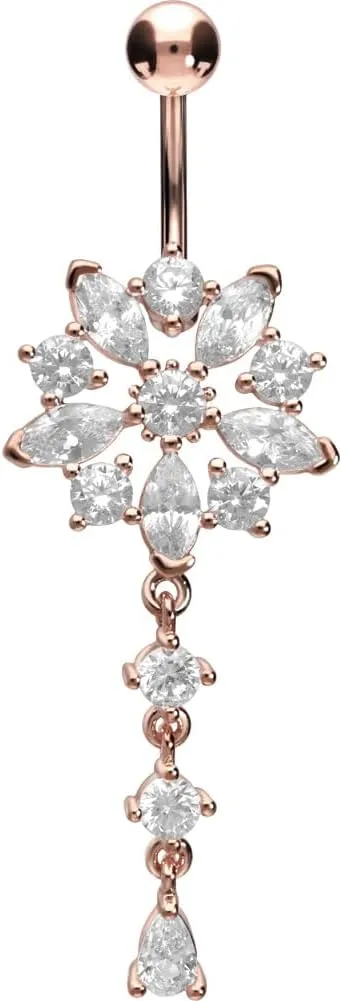 PIERCINGLINE surgical steel dangle belly button piercing with flower - belly button ring surgical steel, gold, silver, rosegold piercing - new version with improved durability