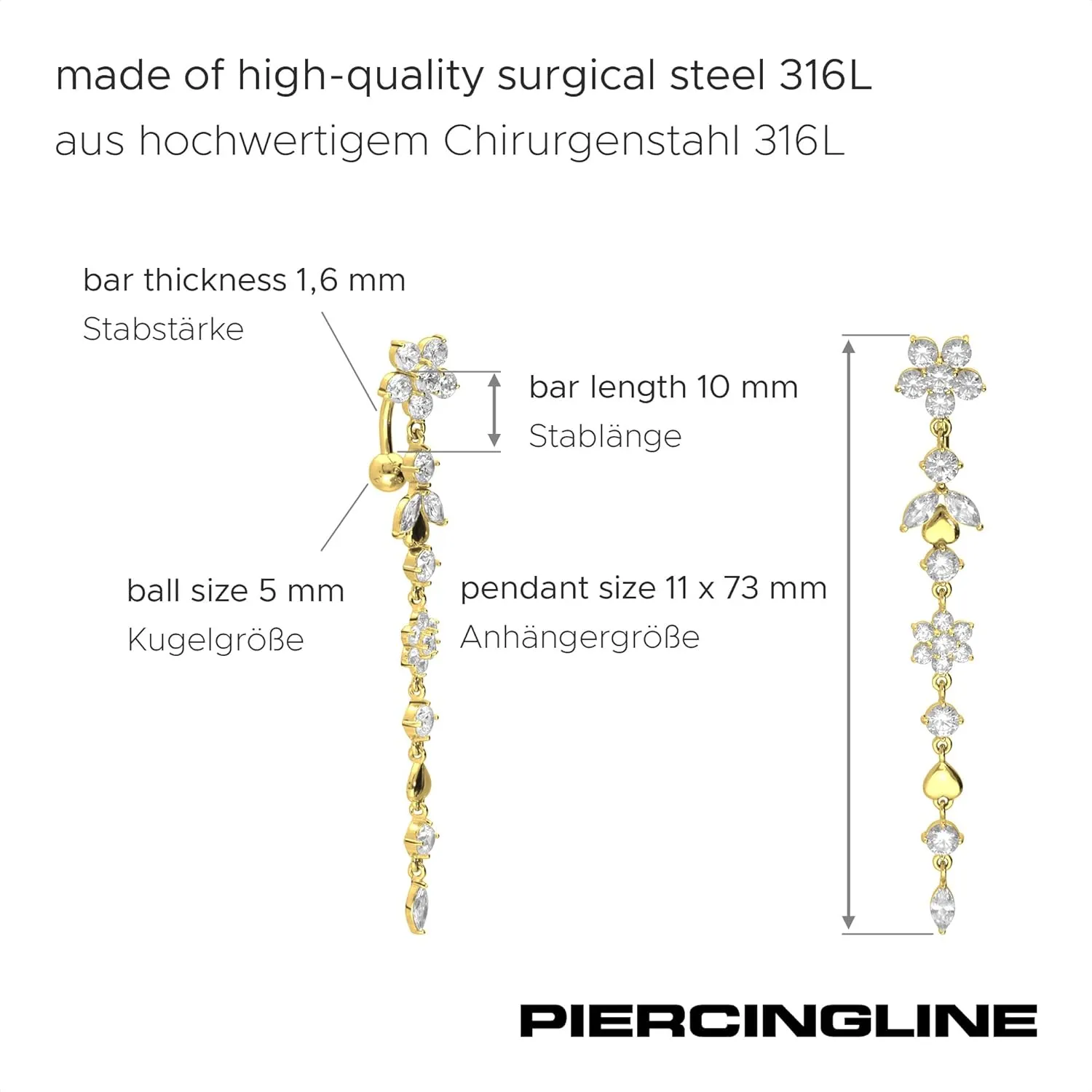 PIERCINGLINE surgical steel dangle belly button piercing with flower tendril - belly button ring surgical steel, gold, silver, rosegold piercing - new version with improved durability