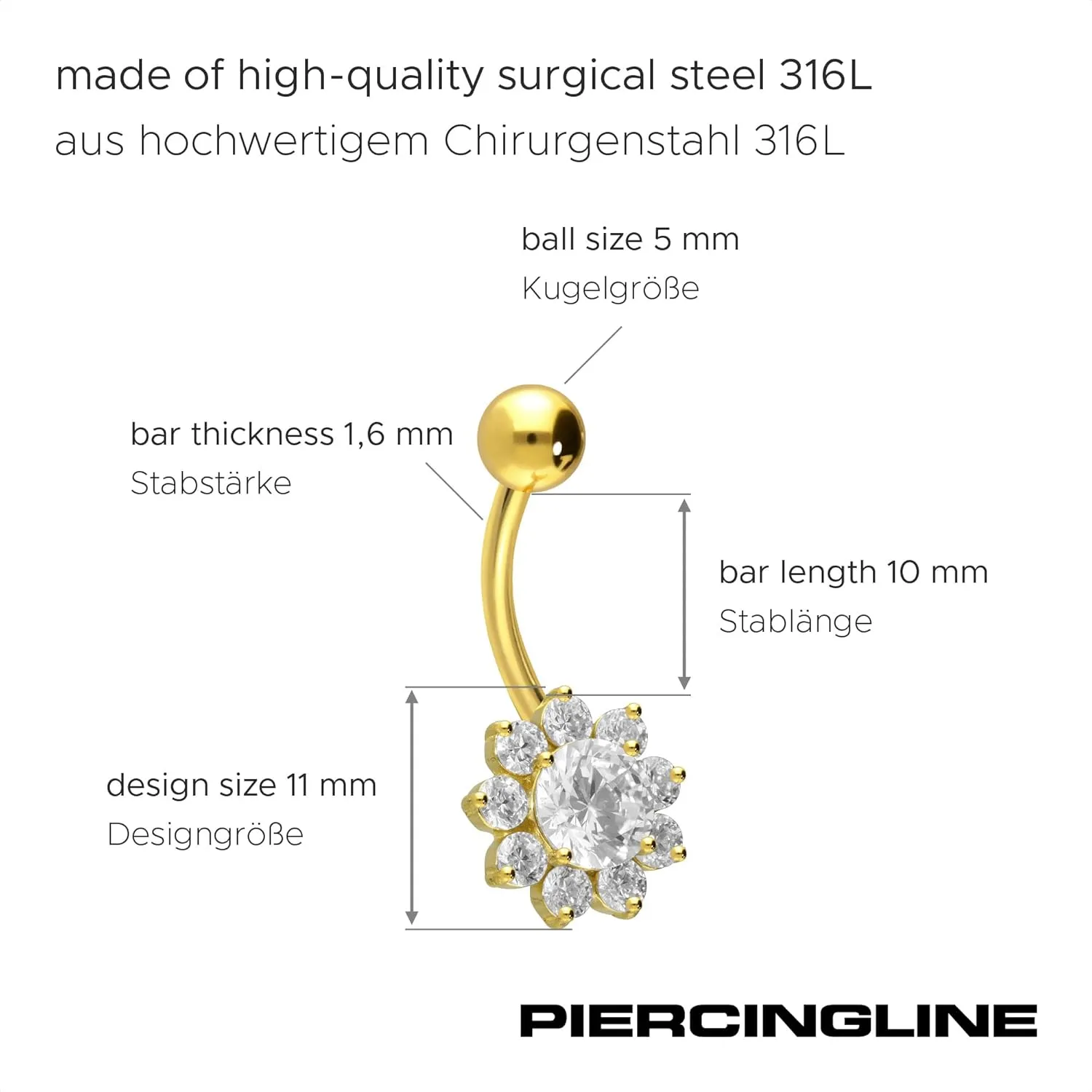 PIERCINGLINE surgical steel flower - belly button ring surgical steel, gold, silver, rosegold piercing - new version with improved durability