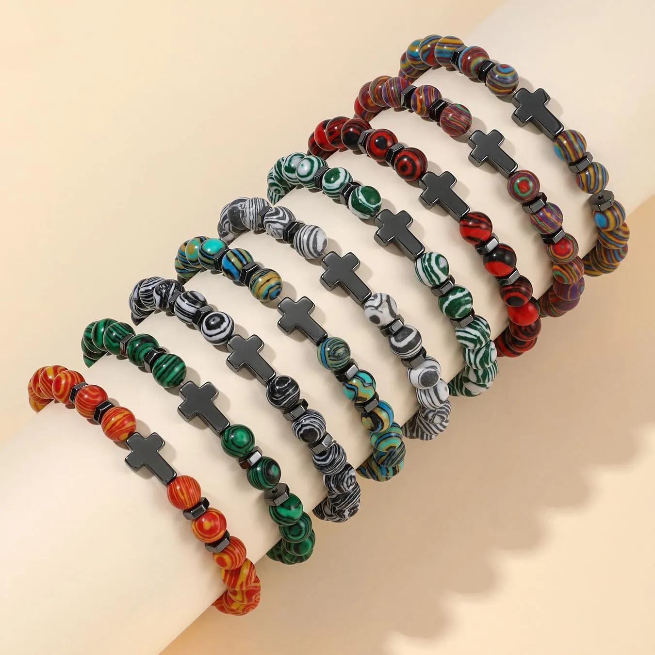 Pingyongchang Natural Stone Christian Cross Gifts for Women Men Healing Crystal Turquoise Bracelet Faith Easter Catholic Religious Stretch Bracelets Stress Relief Anxiety Yoga Bracelet For Teens