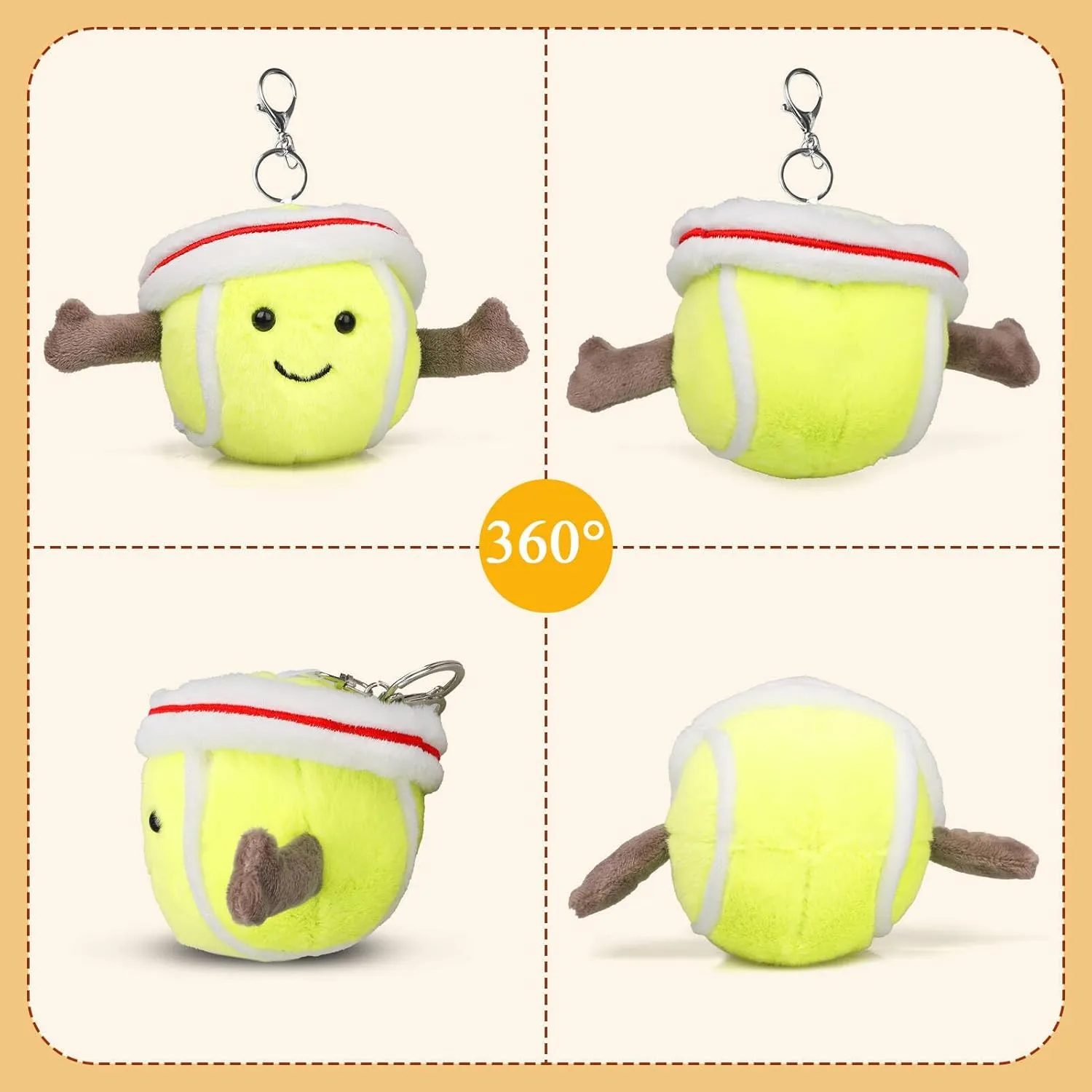 Plush Keychain Cute Tennis Plush Soft Stuffed Keychain Toys Gift for Sports Fans Kawaii Charm for Bags and Keys