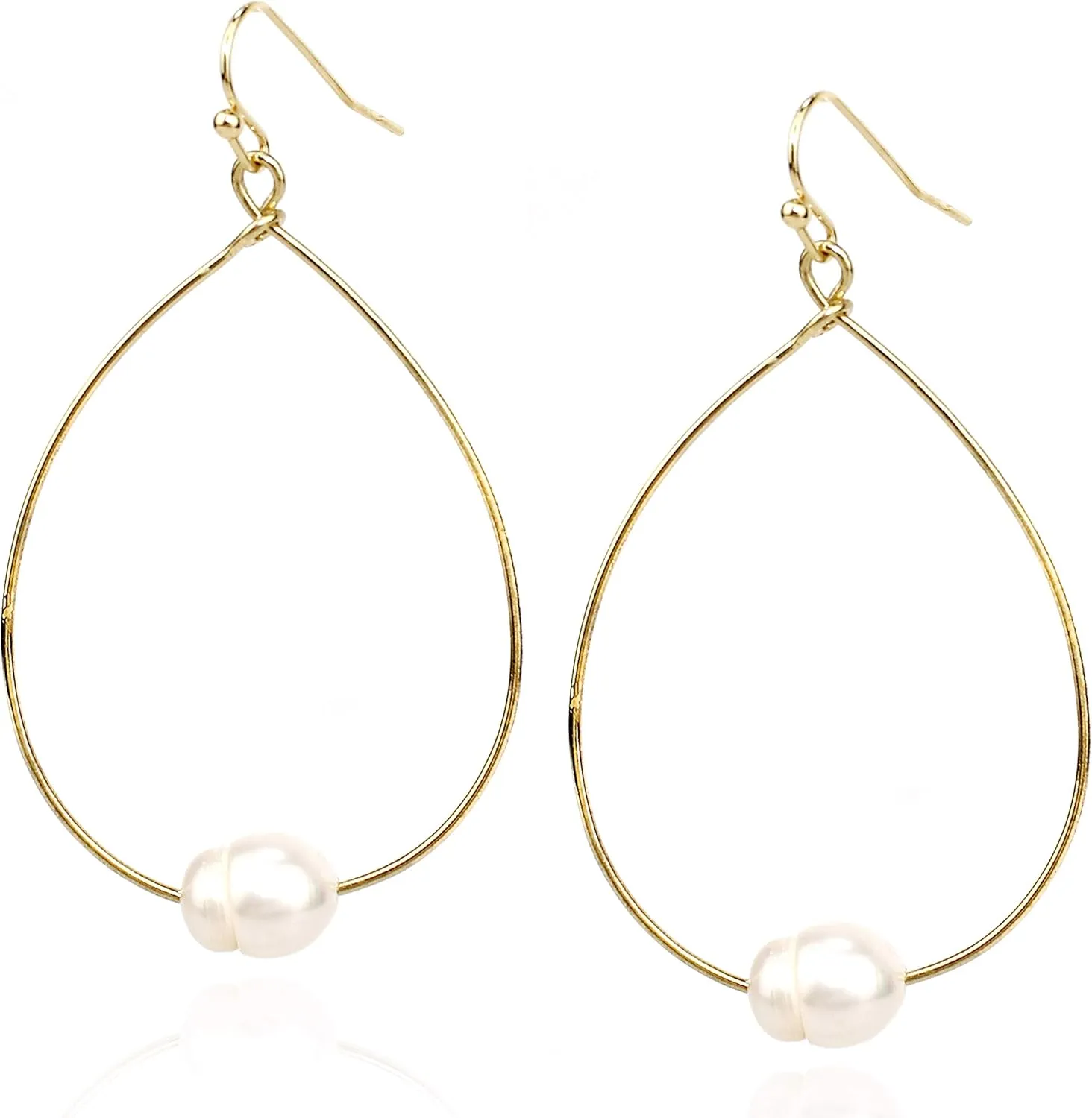 POMINA Lightweight Pearl Hoop Earrings, Gold Open Teardrop Pearl Dangle Drop Earrings for Women
