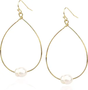 POMINA Lightweight Pearl Hoop Earrings, Gold Open Teardrop Pearl Dangle Drop Earrings for Women