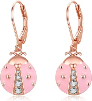 POPLYKE Pink Ladybug Earrings for Women S925 Sterling Silver Leverback Drop Dangle Earrings Cute Jewelry Rose Gold Gift for Girls Mom Nature Lover