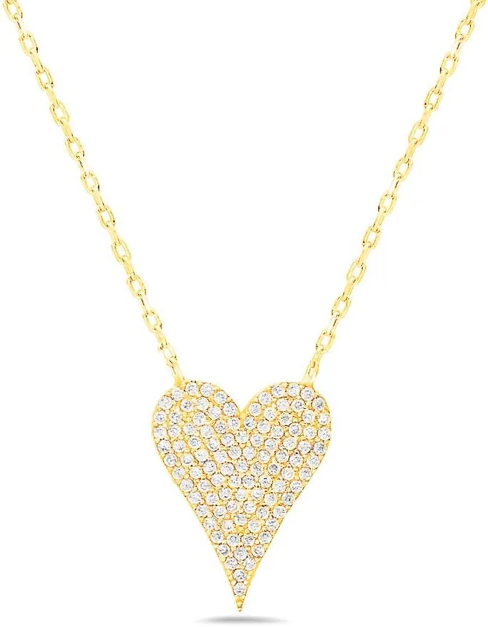 PORI JEWELERS 925 Sterling Silver Cubic Zirconia Pave Heart Charm Pendant Necklace - 18" Anchor Chain