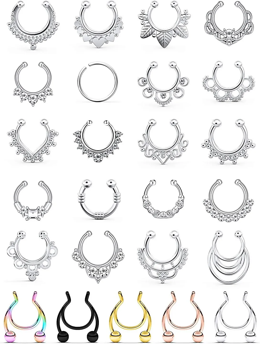Prjndjw Fake Septum Nose Hoop Rings Stainless Steel Faux Lip Ear Nose Septum Ring Non Piercing Clip On Nose Hoop Rings Body Piercing Jewelry 25PCS Women Men