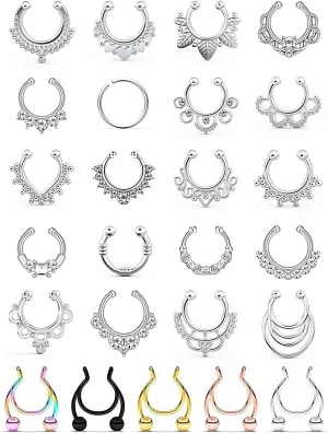 Prjndjw Fake Septum Nose Hoop Rings Stainless Steel Faux Lip Ear Nose Septum Ring Non Piercing Clip On Nose Hoop Rings Body Piercing Jewelry 25PCS Women Men