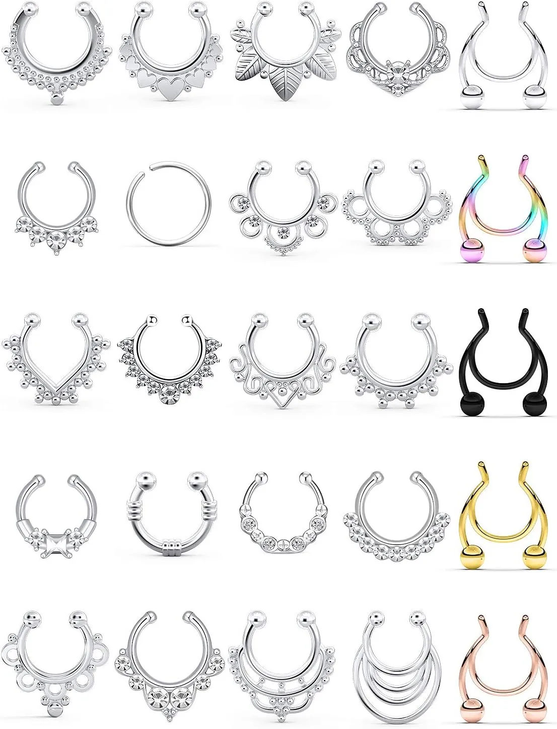 Prjndjw Fake Septum Nose Hoop Rings Stainless Steel Faux Lip Ear Nose Septum Ring Non Piercing Clip On Nose Hoop Rings Body Piercing Jewelry 25PCS Women Men