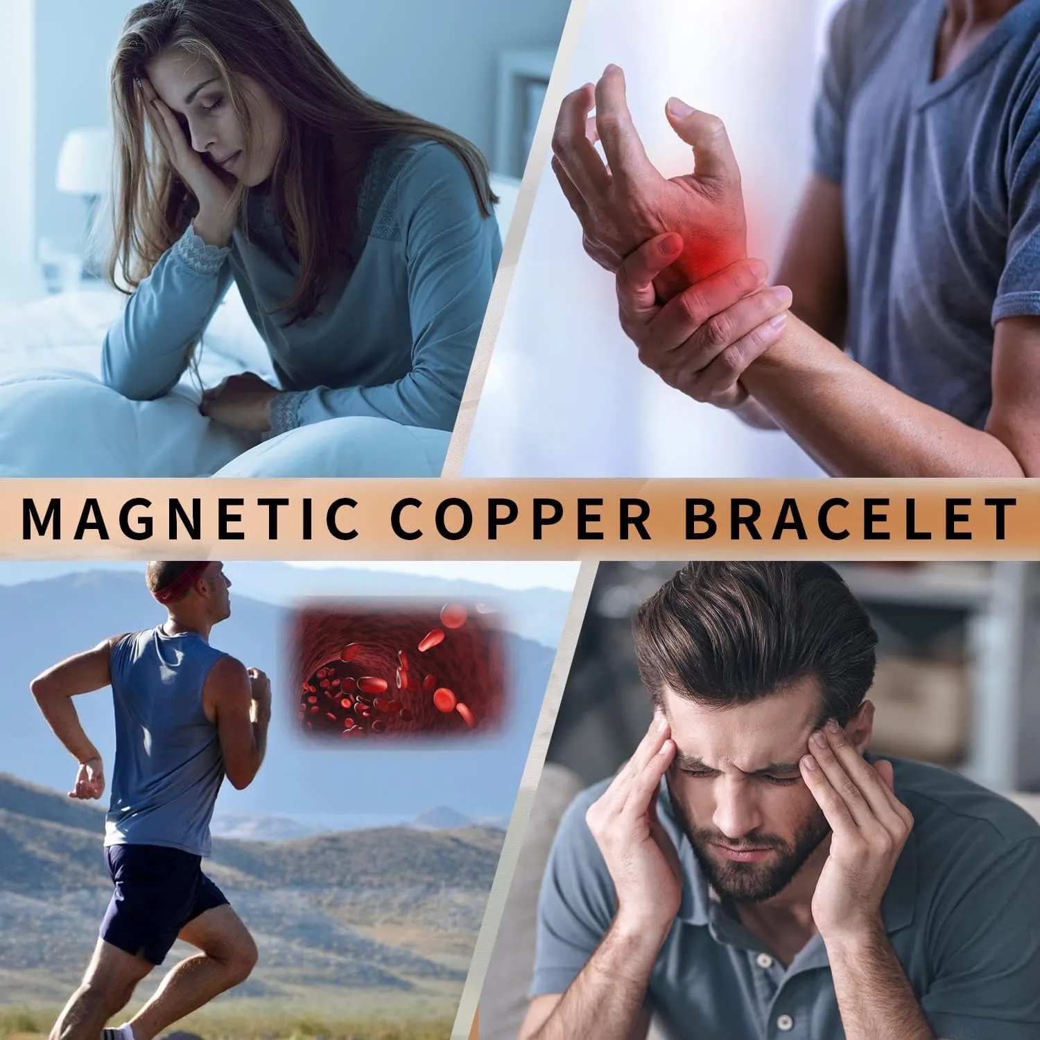 Pure Copper Bracelet for Men Double Row Magnetic Bracelet 8.6" Adjustable Father's Day Gift (Black-Dad)