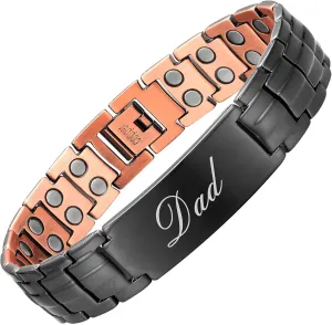 Pure Copper Bracelet for Men Double Row Magnetic Bracelet 8.6" Adjustable Father's Day Gift (Black-Dad)