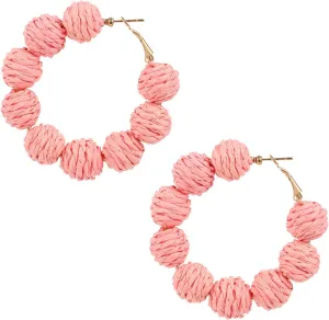Raffia Hoop Earrings for Women - Boho Colorful Rainbow Beaded Bohemian Statement Rattan Circle Dangle Drop for Summer Beach