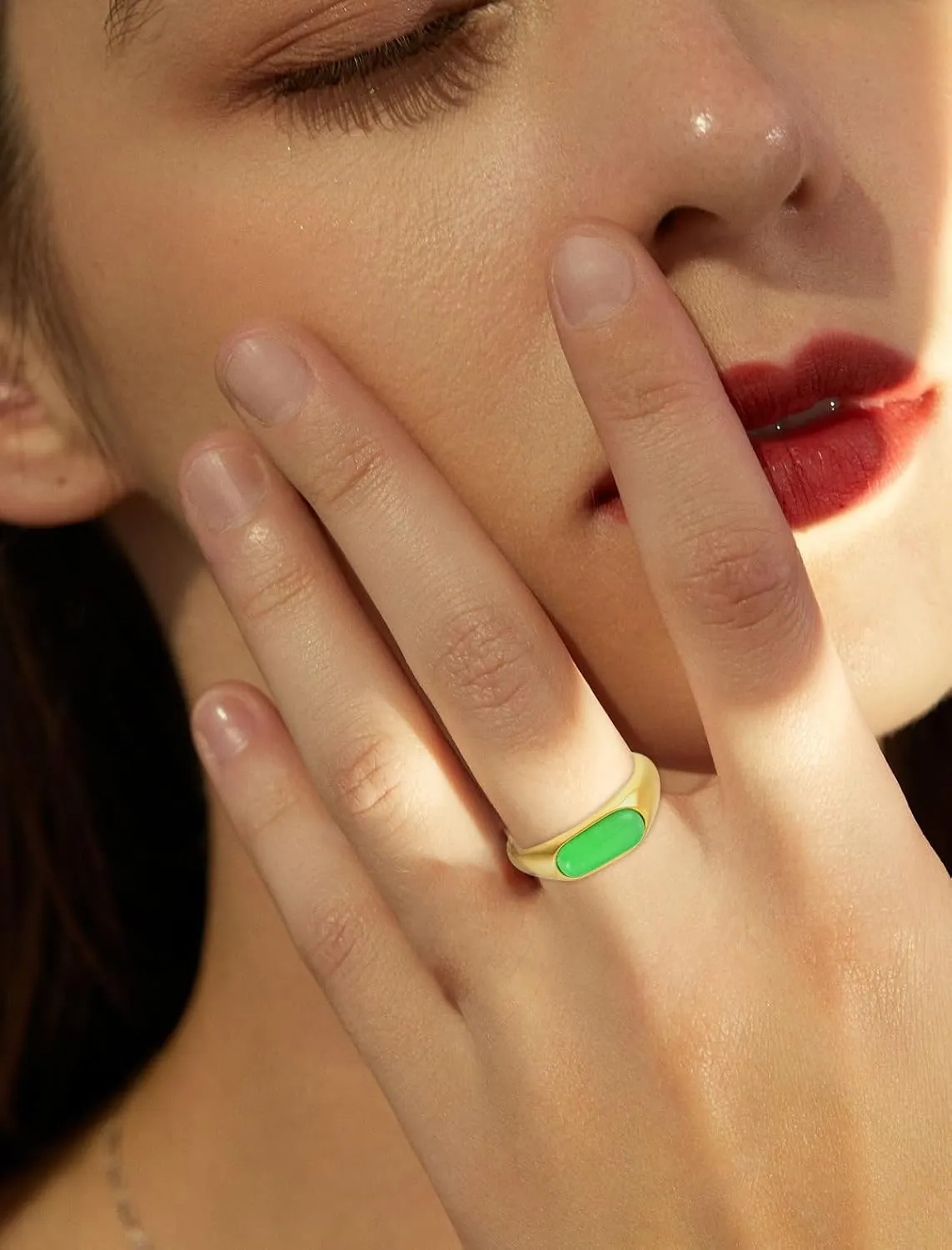 Rectangular Rings Stainless Steel Green Fluorite Band 18K Gold Plated Natural Stone Rings for Women Vintage Style Jewelry