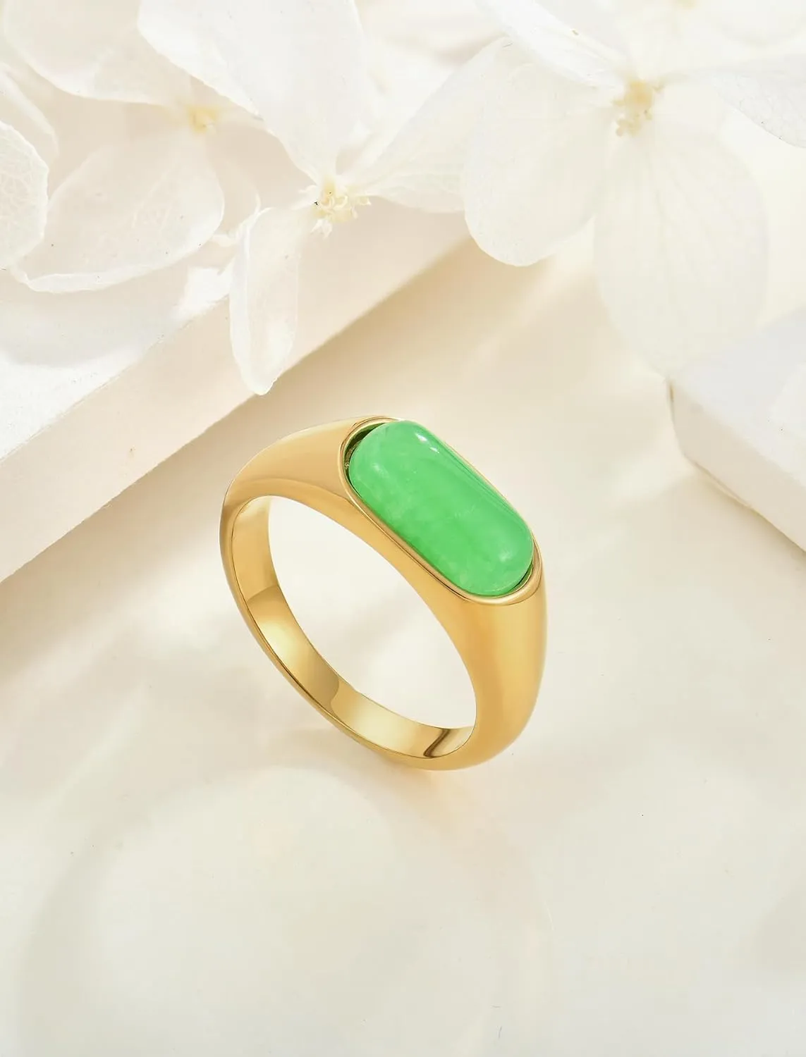 Rectangular Rings Stainless Steel Green Fluorite Band 18K Gold Plated Natural Stone Rings for Women Vintage Style Jewelry