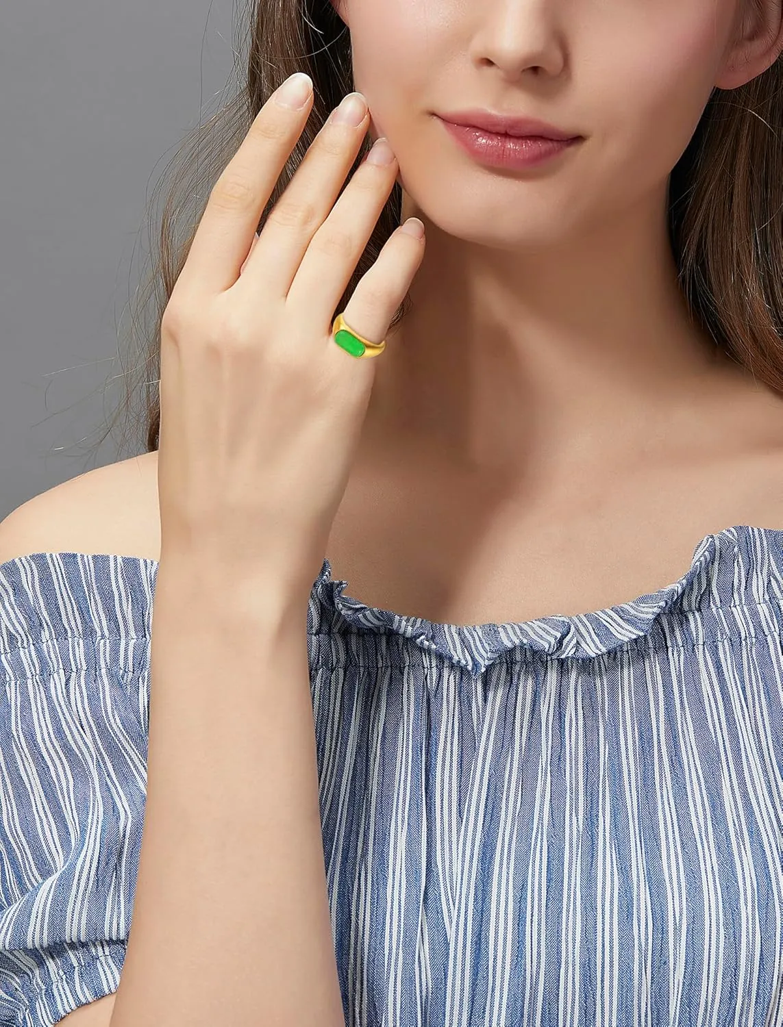 Rectangular Rings Stainless Steel Green Fluorite Band 18K Gold Plated Natural Stone Rings for Women Vintage Style Jewelry