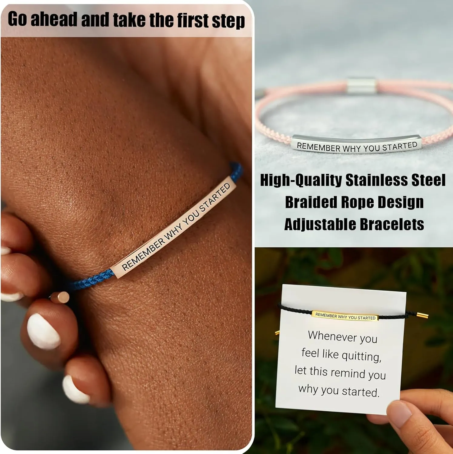 Remember Why You Started Tube Bracelet, Handmade Braided Adjustable Wrap Stainless Steel Inspirational Bracelets Birthday Gifts Jewelry (Black-Rose Gold)