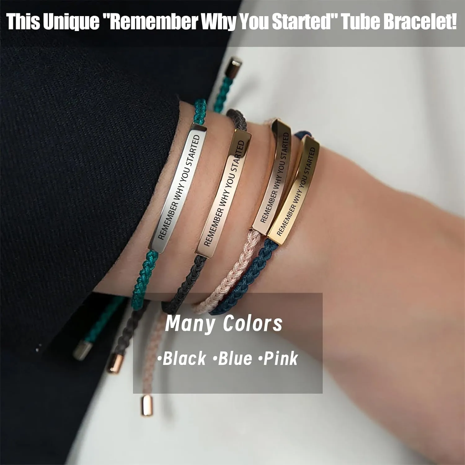 Remember Why You Started Tube Bracelet, Handmade Braided Adjustable Wrap Stainless Steel Inspirational Bracelets Birthday Gifts Jewelry (Black-Rose Gold)