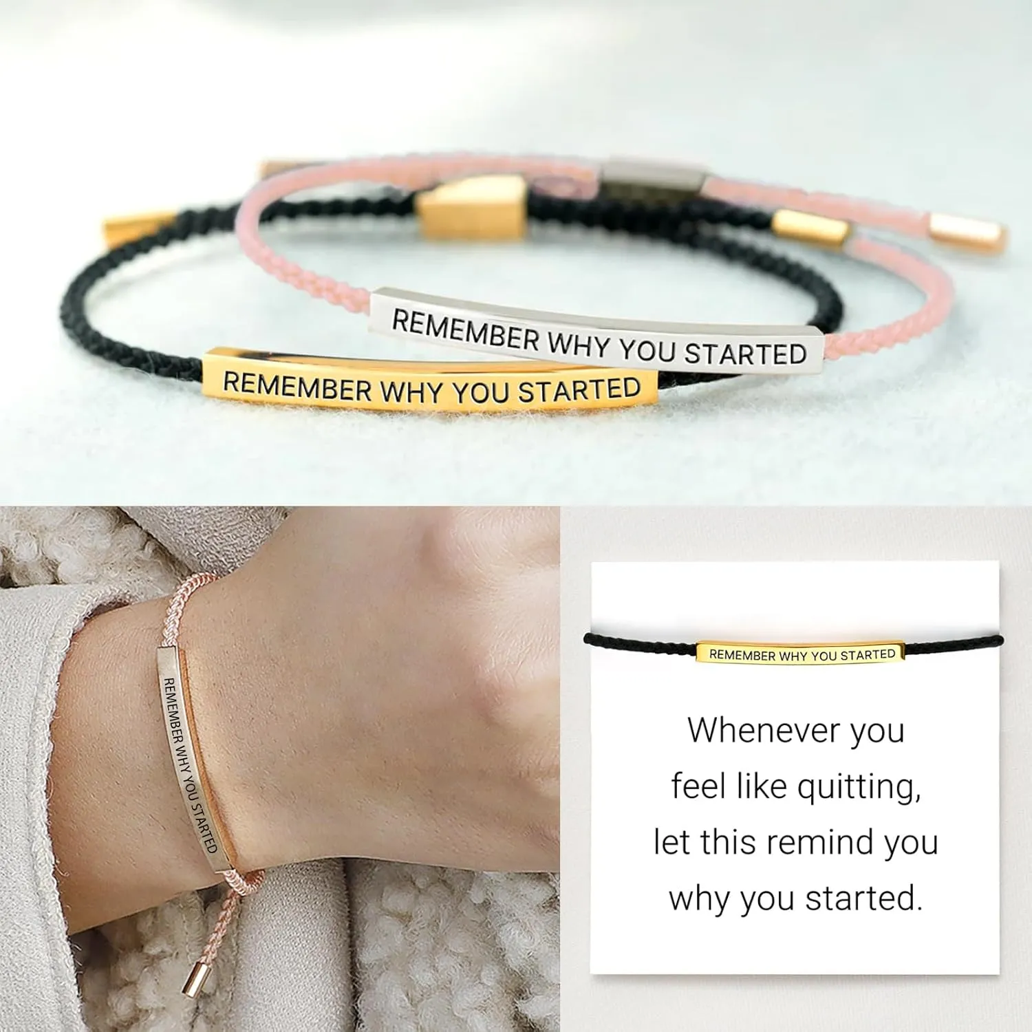 Remember Why You Started Tube Bracelet, Handmade Braided Adjustable Wrap Stainless Steel Inspirational Bracelets Birthday Gifts Jewelry (Black-Rose Gold)
