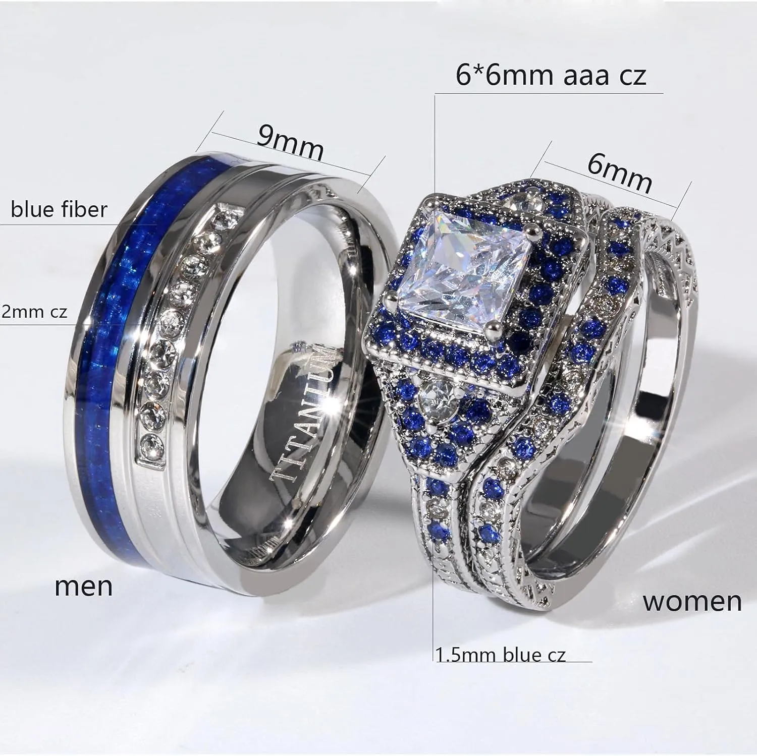 ringheart 2 His and Hers Ring Couple Rings White Gold Plated Princess cut Cz Womens Wedding Ring Sets Blue Titanium Steel Mens Wedding Bands
