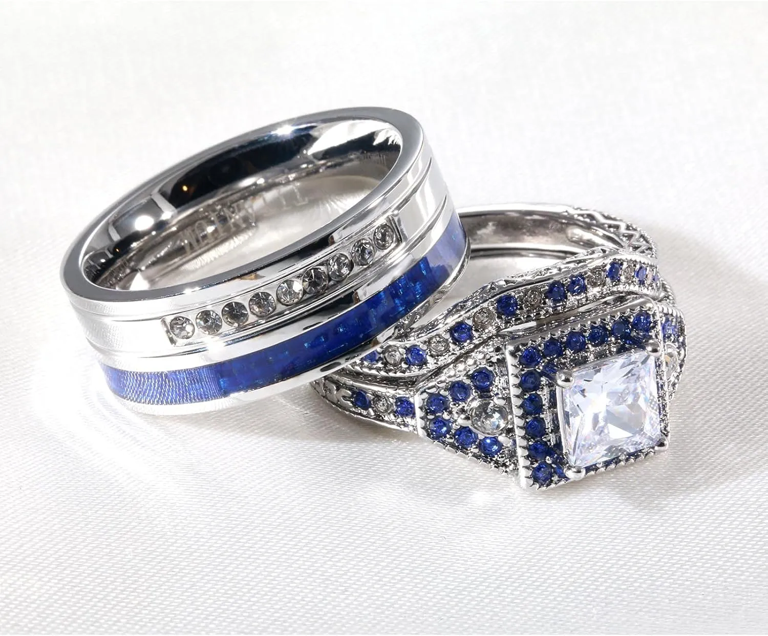 ringheart 2 His and Hers Ring Couple Rings White Gold Plated Princess cut Cz Womens Wedding Ring Sets Blue Titanium Steel Mens Wedding Bands