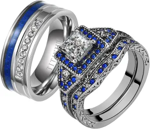 ringheart 2 His and Hers Ring Couple Rings White Gold Plated Princess cut Cz Womens Wedding Ring Sets Blue Titanium Steel Mens Wedding Bands