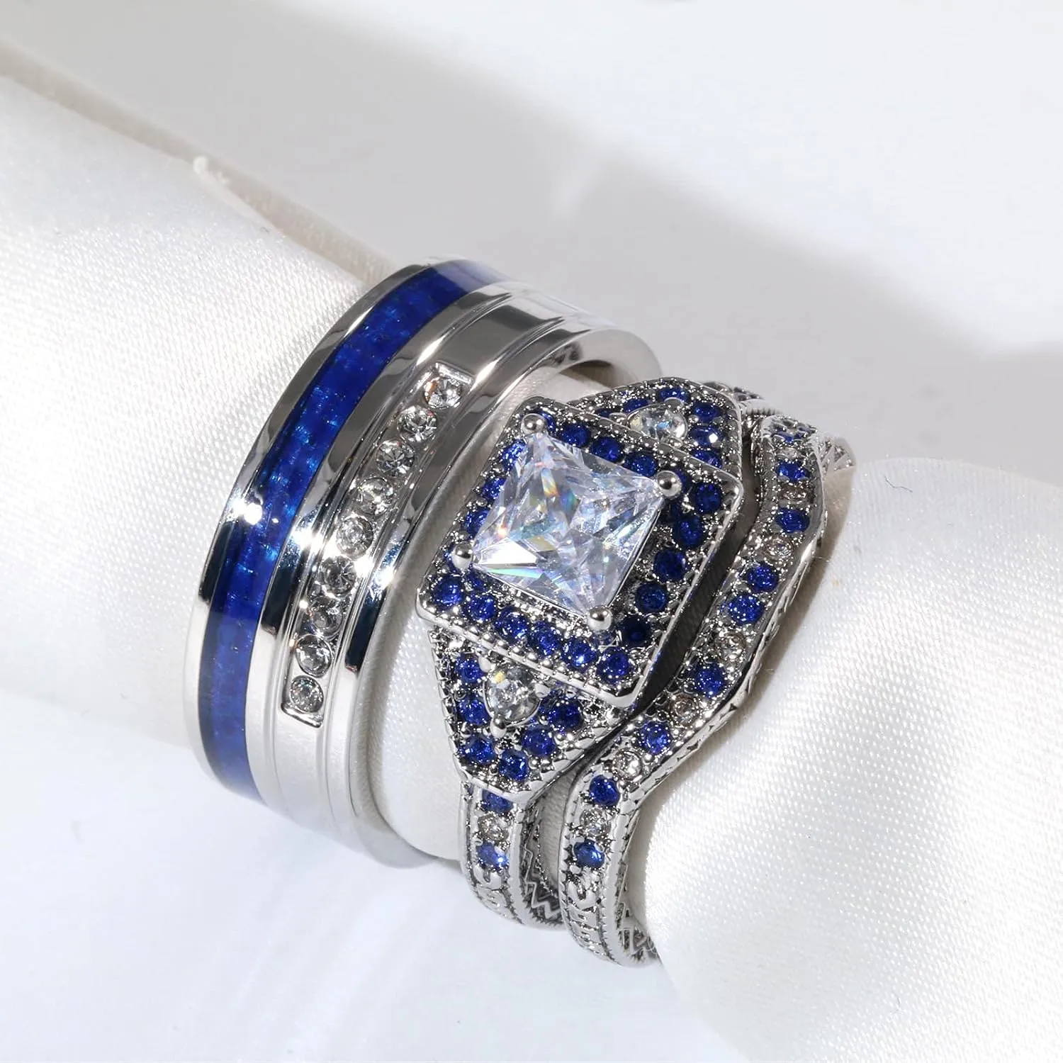 ringheart 2 His and Hers Ring Couple Rings White Gold Plated Princess cut Cz Womens Wedding Ring Sets Blue Titanium Steel Mens Wedding Bands