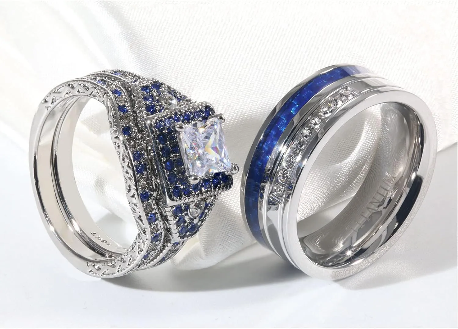 ringheart 2 His and Hers Ring Couple Rings White Gold Plated Princess cut Cz Womens Wedding Ring Sets Blue Titanium Steel Mens Wedding Bands
