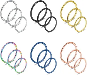 Ruifan 18PCS Mix Size Stainless Steel Clip on Fake Nose Lip Helix Cartilage Tragus Ear Hoop Ring 22G 20G 18G 6-10mm