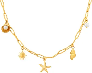 Sacina Gold-tone Paperclip Sun Star Created-Pearl Seashell Charm Pendant, Charm Necklace for Women, Dainty Western Christmas Jewelry Gift