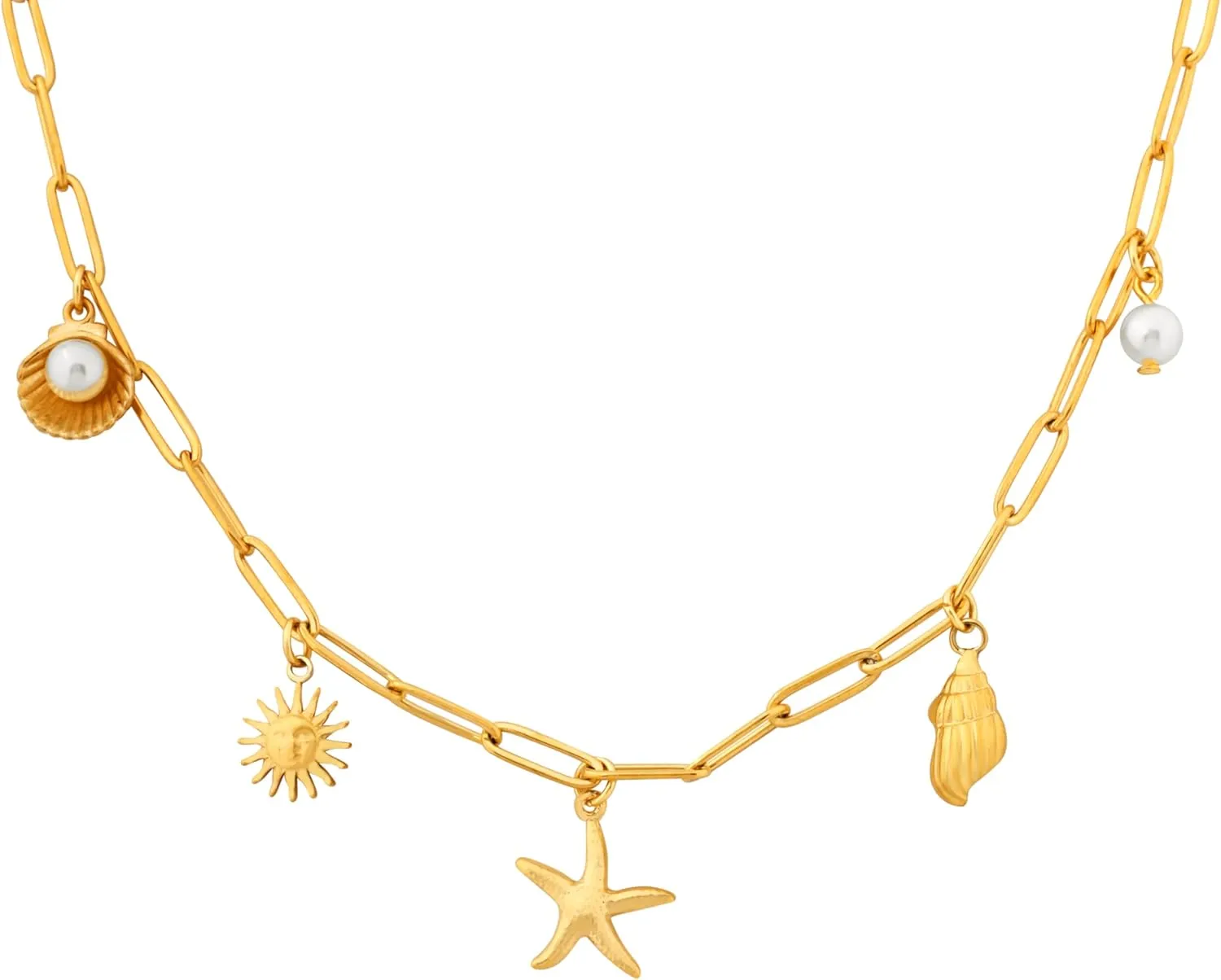 Sacina Gold-tone Paperclip Sun Star Created-Pearl Seashell Charm Pendant, Charm Necklace for Women, Dainty Western Christmas Jewelry Gift