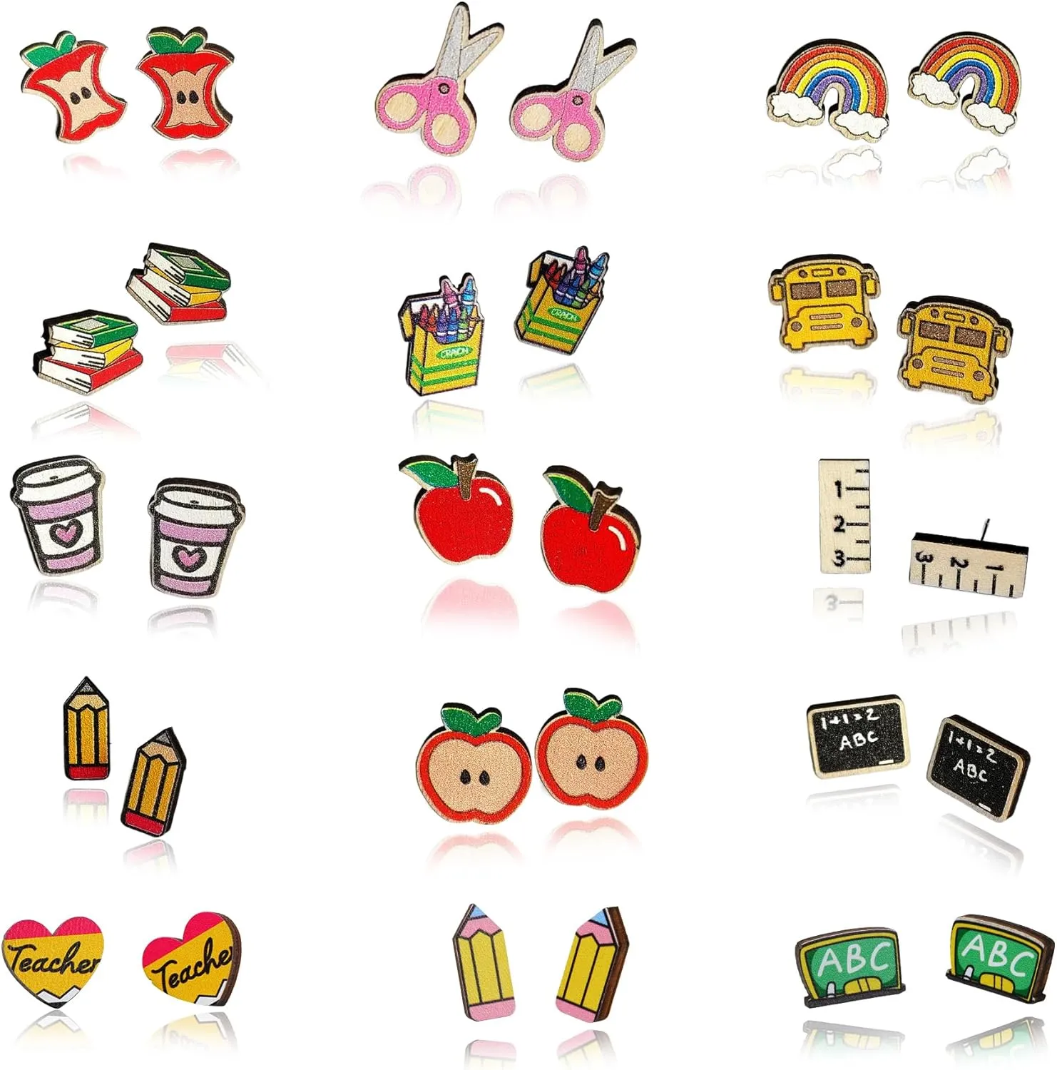 SANDOO 15 Pairs Wooden Cute Pencil Crayon Ruler Apple Book Earrings - Back to School, Teacher Appreciation Gift