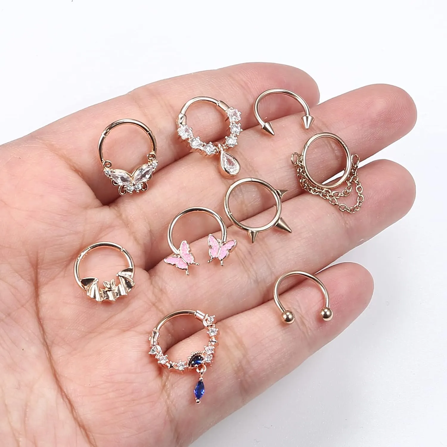 Sanfenly 9Pcs 16G Septum Rings for Women Men Stainless Steel Dangle Septum Jewelry Blue Planet Teardrop CZ Butterfly Bat Spiked Daith Earrings Hoop Nose Rings Cartilage Helix Septum Piercing Jewelry