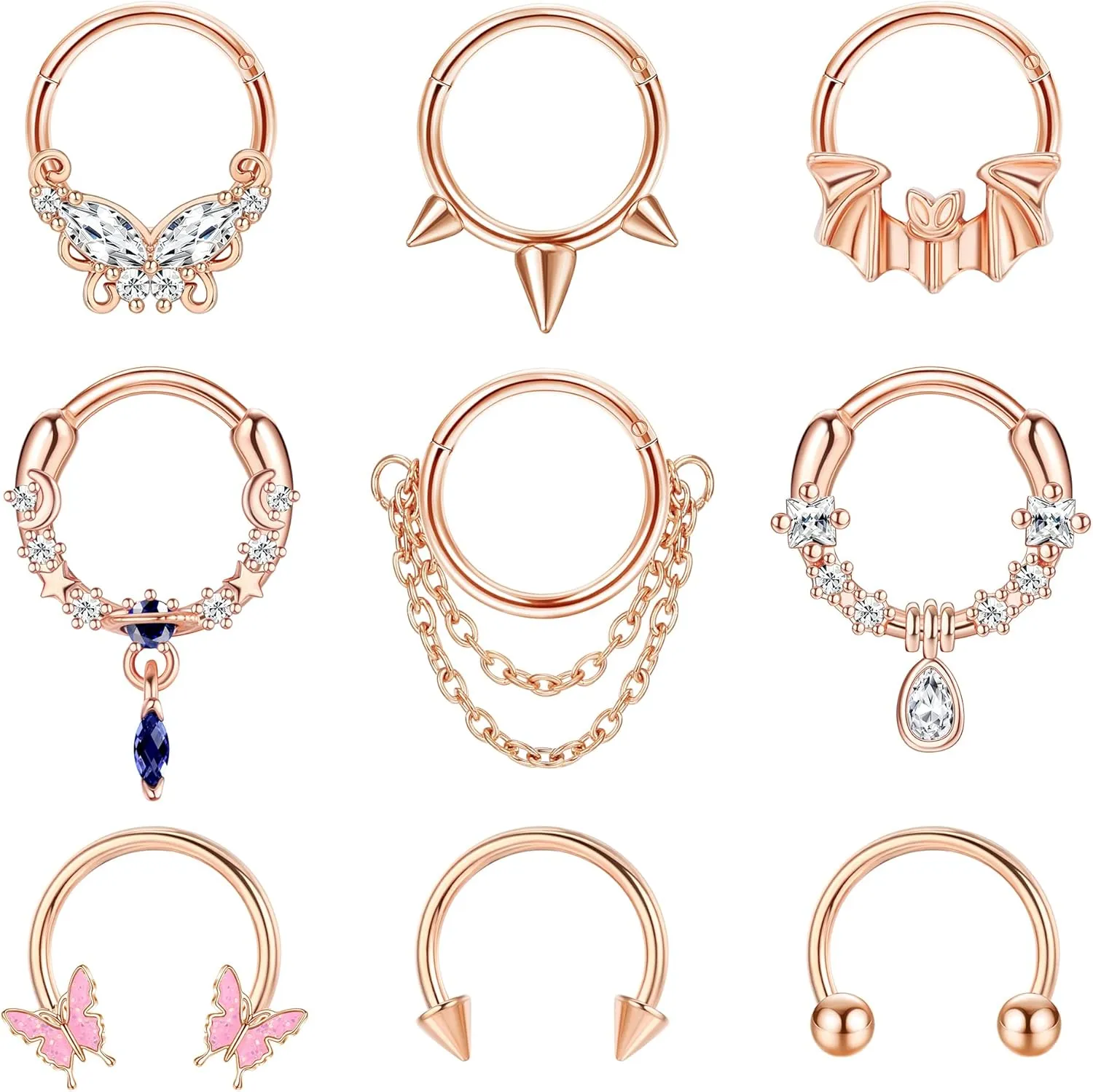 Sanfenly 9Pcs 16G Septum Rings for Women Men Stainless Steel Dangle Septum Jewelry Blue Planet Teardrop CZ Butterfly Bat Spiked Daith Earrings Hoop Nose Rings Cartilage Helix Septum Piercing Jewelry
