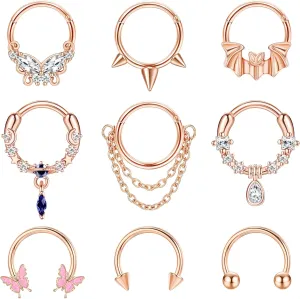 Sanfenly 9Pcs 16G Septum Rings for Women Men Stainless Steel Dangle Septum Jewelry Blue Planet Teardrop CZ Butterfly Bat Spiked Daith Earrings Hoop Nose Rings Cartilage Helix Septum Piercing Jewelry