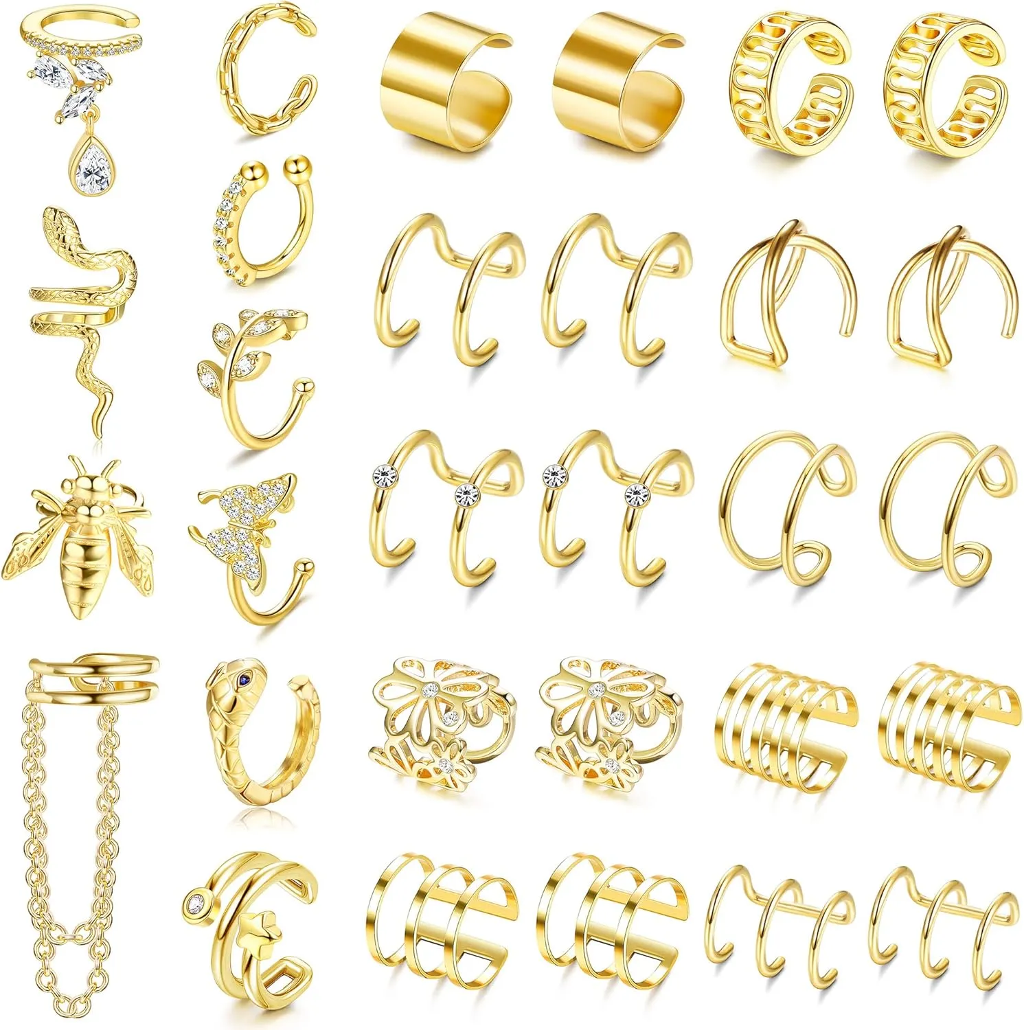 Sanfenly Ear Cuffs for Women Men Non Piercing Ear Cuff Earrings Silver Gold Rose Gold Black Ear Cuff Set Chain Butterfly CZ Snake Bee Clip On Cartilage Helix Conch Ear Cuff