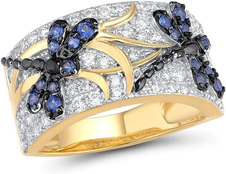Santuzza 14K Gold Plated Dragonfly Ring Cubic Zirconia 925 Sterling Silver Butterfly Ring